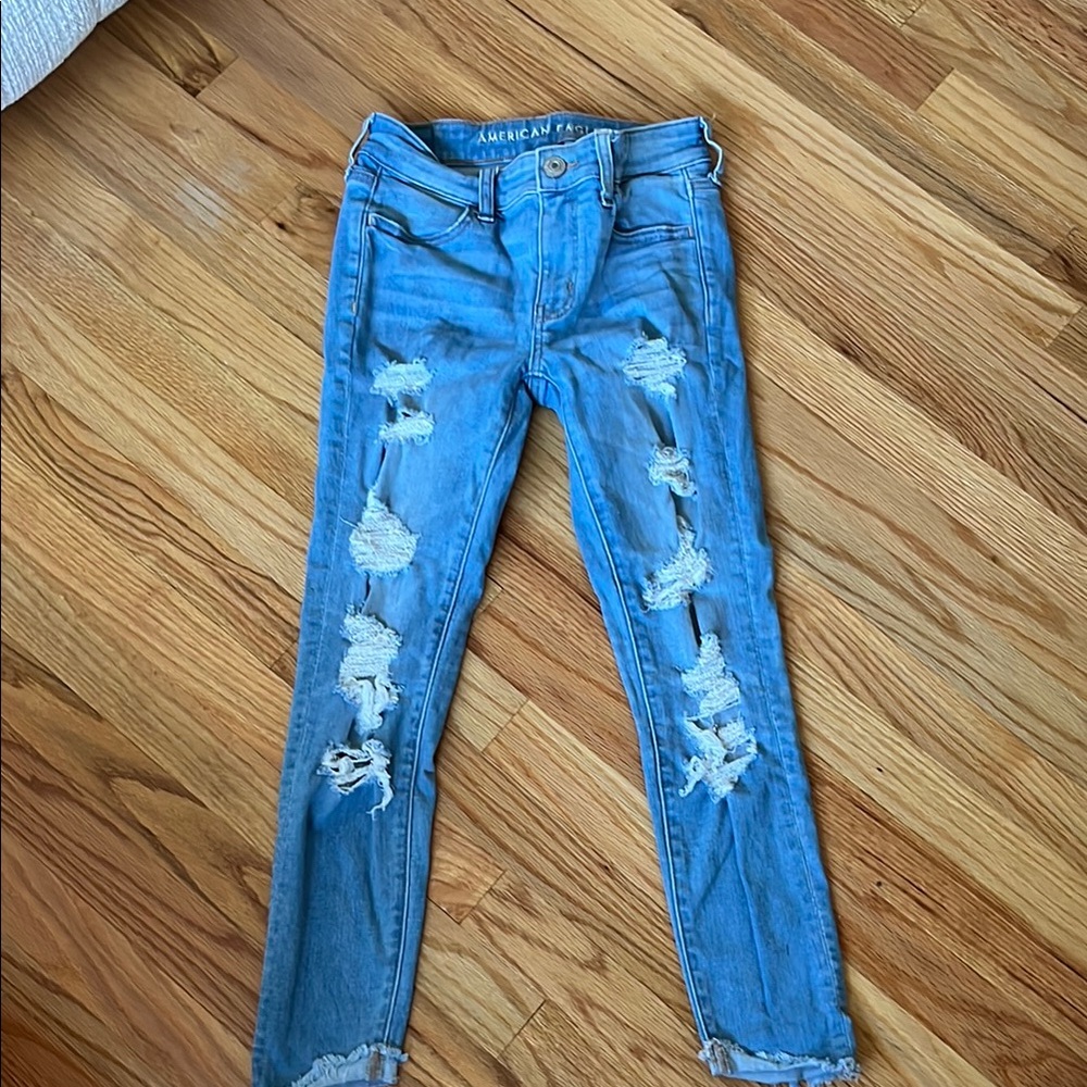 American Eagle Outfitters Blue Skinny Jeans with Distressed Details